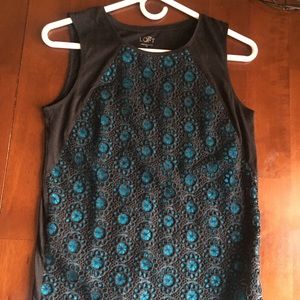 LOFT Sleeveless Workwear Top Black Teal floral eyelet XS